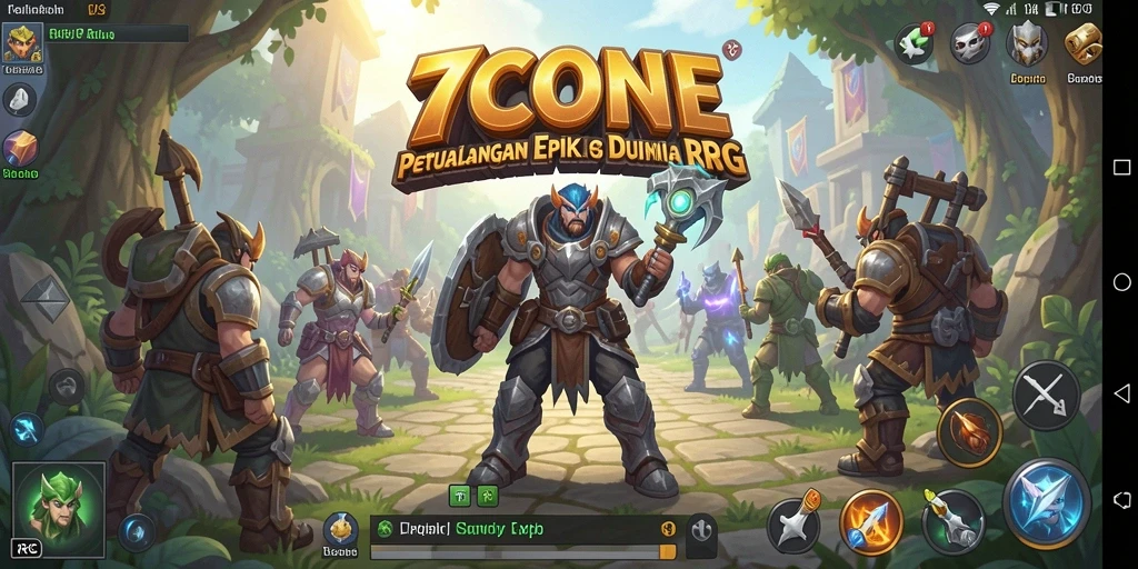 Screenshot utama 7CONE menampilkan pertarungan epik di dunia RPG yang menawan.